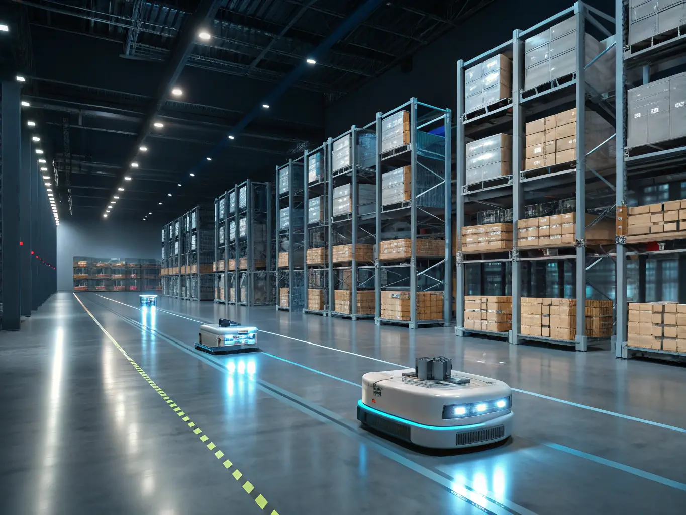 A visually appealing image depicting a well-organized warehouse with AI-powered robots efficiently managing inventory, highlighting the benefits of AI in inventory management for e-commerce businesses.
